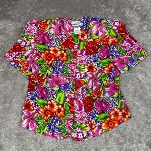 Vintage Floral Blouse Tropical Size 14 Bright Flowers Classics By Leslie Fay